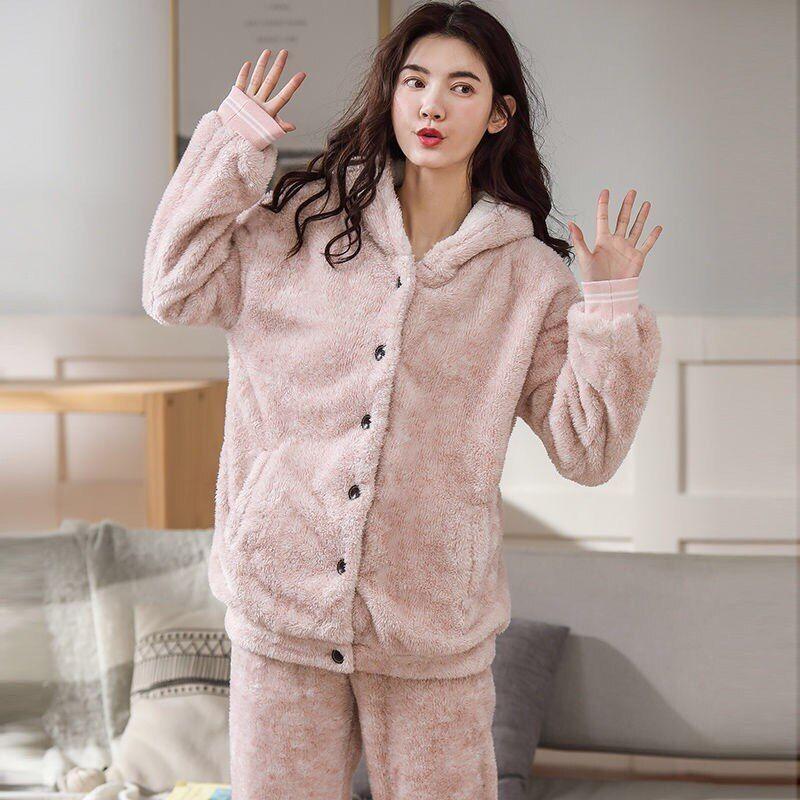 Acheter Hiver chaud femmes Pyjamas costume épais velours bouton