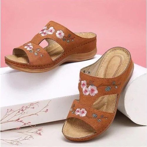 Sandales À Semelles Compensées Orth4wd Premium Pour Femme",Pantoufle Parka Ouverte,Vintage,Cuir Anti-Alde,Décontracté,Plateforme,Chaussures Brodées,"Été
