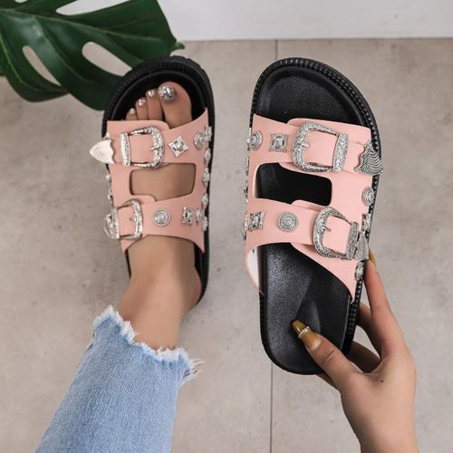 Pantoufles Punk Rock D'été Pour Femmes",Mules En Cuir À Plateforme Risale,Pantoufles Créatives À Raccords Métalliques,Sandales Décontractées Pour Femmes,"Diapositives De Chaussures
