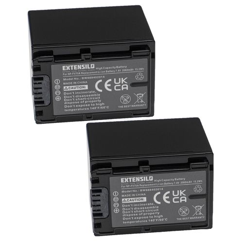 EXTENSILO 2x Batteries compatible avec Sony HDR-CX500E, HDR-CX505VE, HDR-CX410VE, HDR-CX450 appareil photo, reflex numérique (2060mAh, 7,4V, Li-ion)