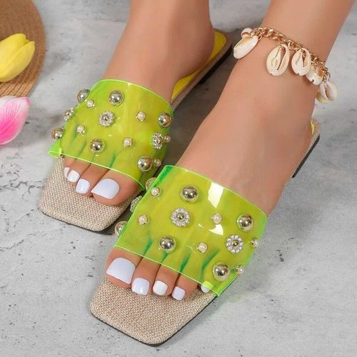 Sandales Plates À Rivets En Pvc Transparent Pour Femmes",Chaussures D'été Confortables,Pantoufles À Tête En Métal,"Mode 2023