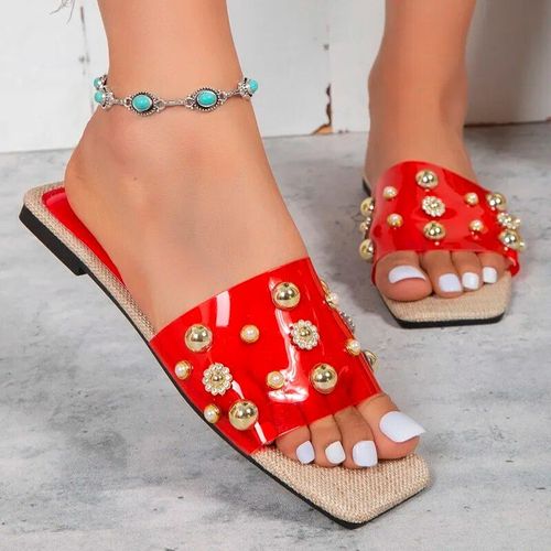 Sandales Plates À Rivets En Pvc Transparent Pour Femmes",Chaussures D'été Confortables,Pantoufles À Tête En Métal,"Mode 2023