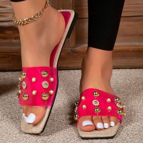 Sandales Plates À Rivets En Pvc Transparent Pour Femmes",Chaussures D'été Confortables,Pantoufles À Tête En Métal,"Mode 2023