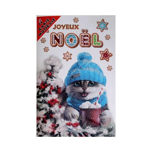 Carte De Voeux Musicale - Fêtes De Fin D'année - Joyeux Noël - Chat Bonnet Bleu