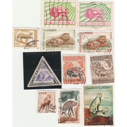 11 Timbres De Divers Pays - Animaux - Lions, Hyènes Et Divers Félins