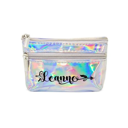 Porte monnaie holographique argent pochette prenom fleche et plume