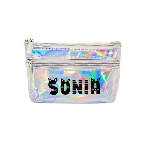 Porte monnaie holographique argent pochette prenom chat
