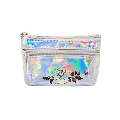Porte monnaie holographique argent pochette prenom fleur