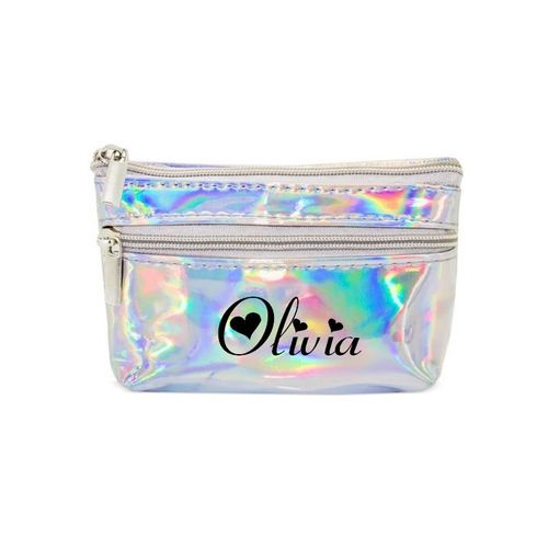 Porte monnaie holographique argent pochette prenom coeur