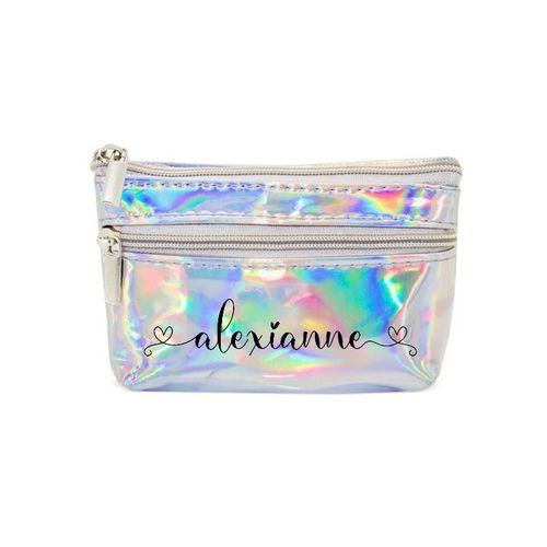 Porte monnaie holographique argent pochette prenom double coeur