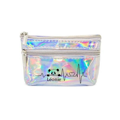 Porte monnaie holographique argent pochette panda coeur