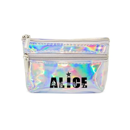 Porte monnaie holographique argent pochette prenom beach plage