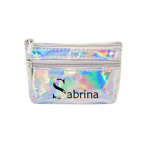 Porte monnaie holographique argent pochette prenom fleur pastel