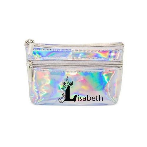 Porte monnaie holographique argent pochette prenom licorne