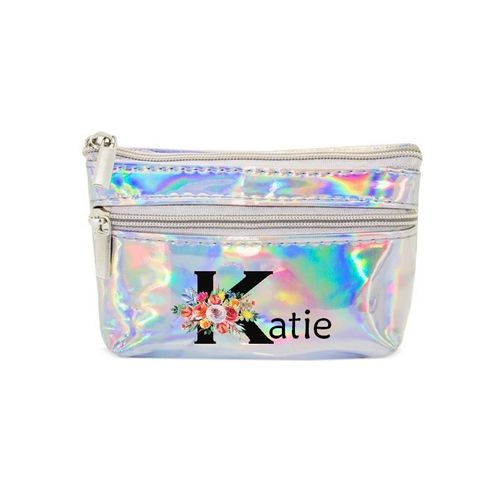 Porte monnaie holographique argent pochette prenom bouquet fleur