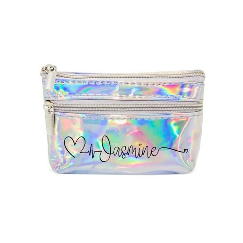 Porte monnaie holographique argent pochette prenom 15 et c¿ur