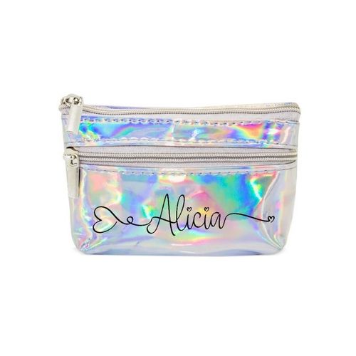 Porte monnaie holographique argent pochette prenom 18 et c¿ur