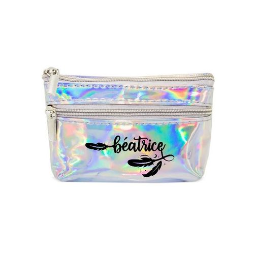 Porte monnaie holographique argent pochette prenom plume