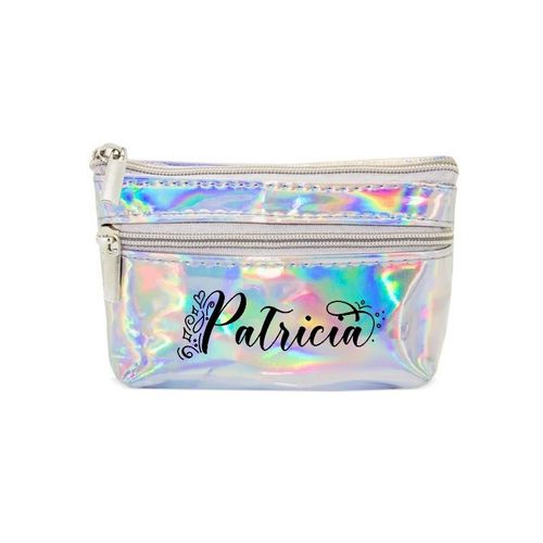 Porte monnaie holographique argent pochette prenom fleur et coeur