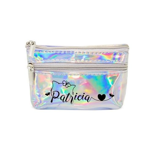 Porte monnaie holographique argent pochette prenom chat et papillon