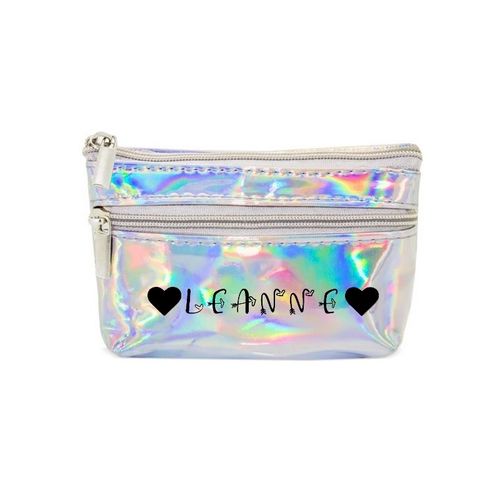 Porte monnaie holographique argent pochette prenom boho et coeur