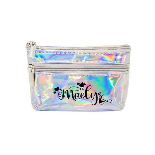 Porte monnaie holographique argent pochette prenom petit coeur