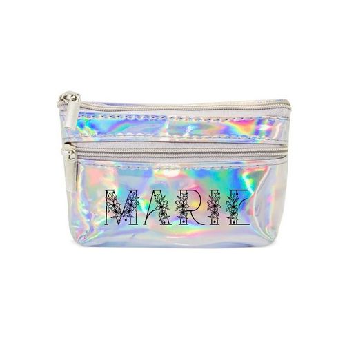 Porte monnaie holographique argent pochette prenom 28 floral