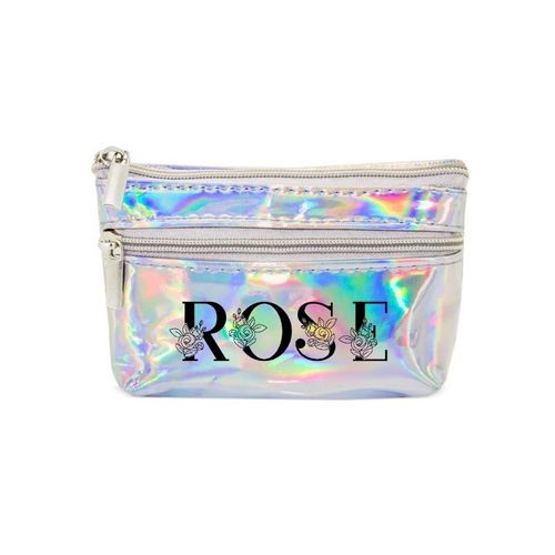 Porte monnaie holographique argent pochette prenom rose floral