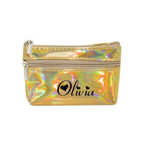 Porte monnaie holographique dore pochette prenom coeur