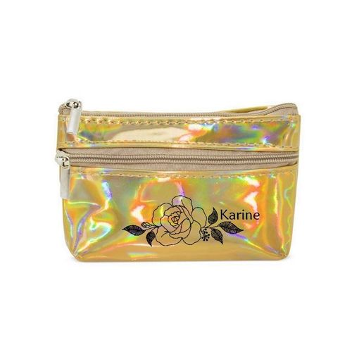 Porte monnaie holographique dore pochette prenom fleur