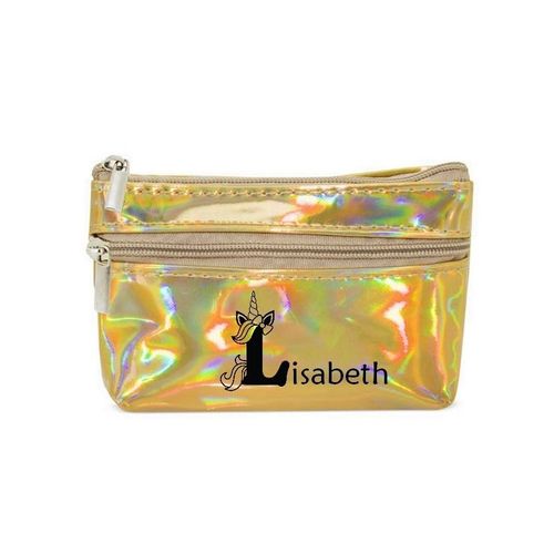Porte monnaie holographique dore pochette prenom licorne