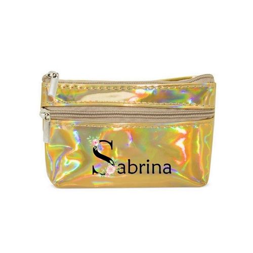 Porte monnaie holographique dore pochette prenom fleur pastel