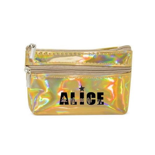 Porte monnaie holographique dore pochette prenom beach plage