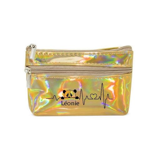 Porte monnaie holographique dore pochette panda coeur