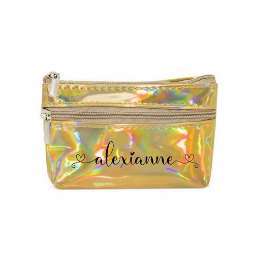 Porte monnaie holographique dore pochette prenom double coeur