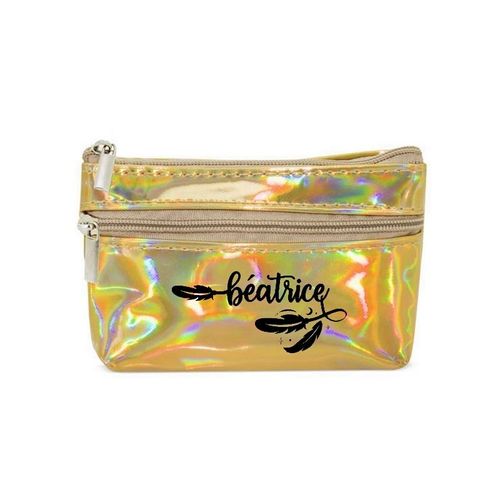 Porte monnaie holographique dore pochette prenom plume