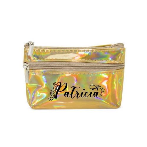 Porte monnaie holographique dore pochette prenom fleur et coeur