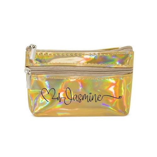 Porte monnaie holographique dore pochette prenom 15 et c¿ur