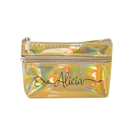 Porte monnaie holographique dore pochette prenom 18 et c¿ur