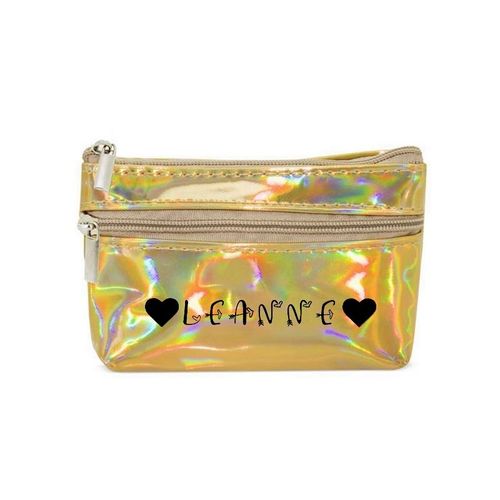 Porte monnaie holographique dore pochette prenom boho et coeur