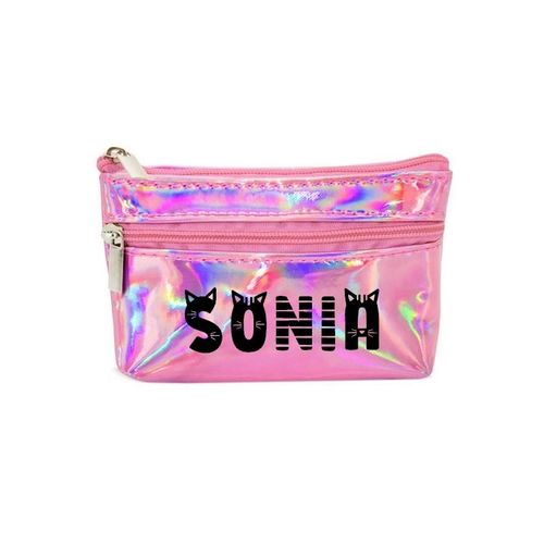 Porte monnaie holographique rose pochette prenom chat