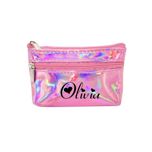 Porte monnaie holographique rose pochette prenom coeur