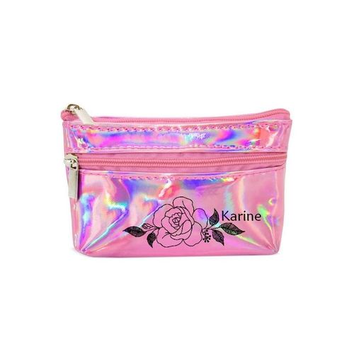 Porte monnaie holographique rose pochette prenom fleur