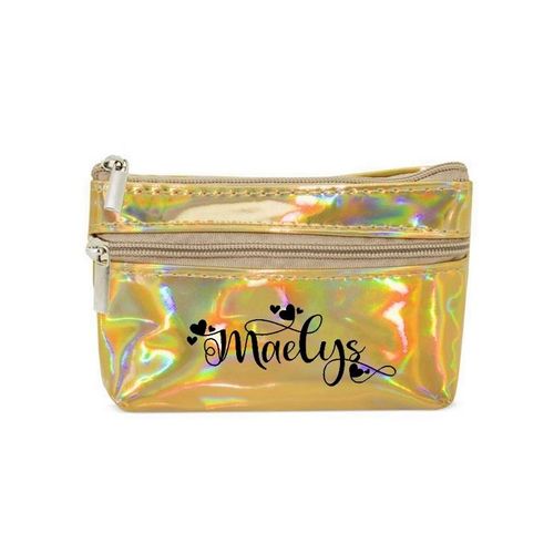 Porte monnaie holographique dore pochette prenom petit coeur