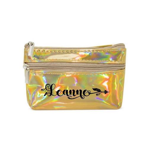 Porte monnaie holographique dore pochette prenom fleche et plume