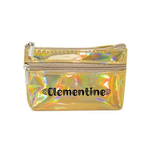 Porte monnaie holographique dore pochette prenom love et coeur