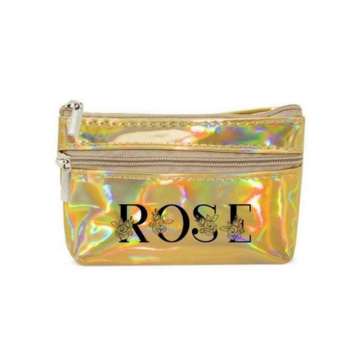 Porte monnaie holographique dore pochette prenom rose floral