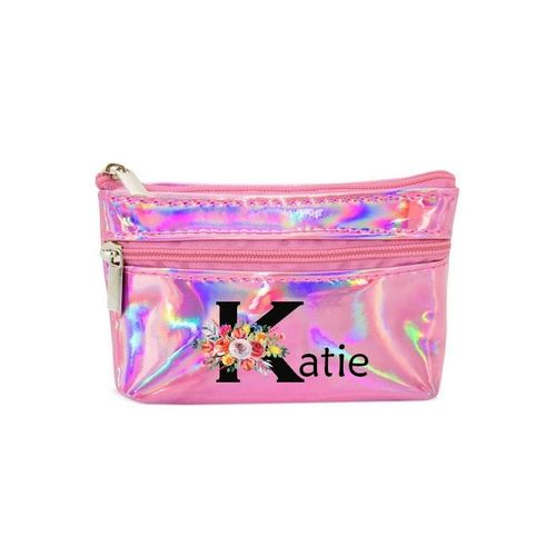 Porte monnaie holographique rose pochette prenom bouquet fleur