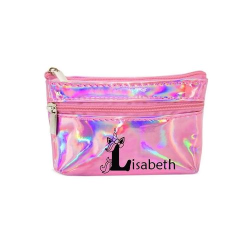 Porte monnaie holographique rose pochette prenom licorne