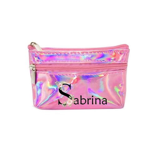 Porte monnaie holographique rose pochette prenom fleur pastel